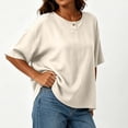 thumbnail image 6 of RQYYD Womens Short Sleeve Round Neck Tops Casual Henley Button Blouses Linen Blend Tee Shirts Clothes, 6 of 7