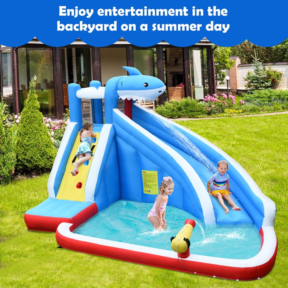 Aimee Lii Inflatable Shark Bounce House with Water Slide and Climbing Wall without Blower, Bounce House Water Slide for Kids 5-12
