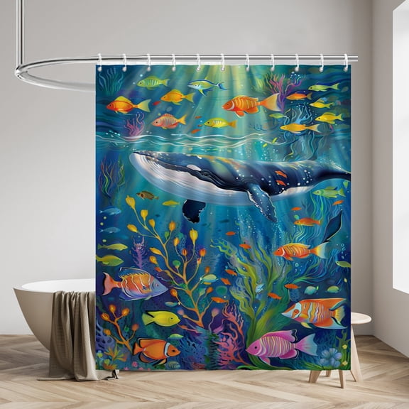 Turquoise Ocean Whale Shower Curtain Under The Sea Colorful Tropical Fishes Waterproof Bathroom Curtains with Plastic Hooks Unique Underwater World Marine Life Themed Bathroom Decor