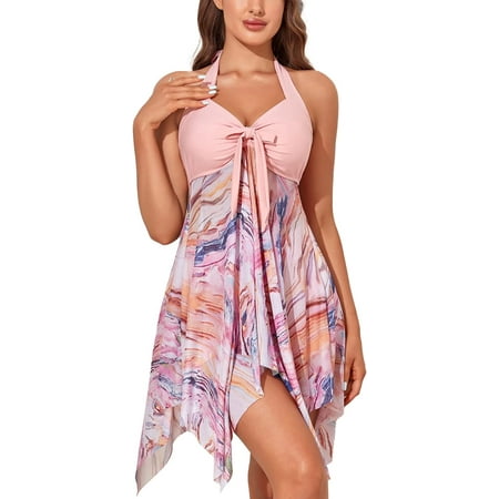 Womens Tankini Swimdress with Boyshorts Two Piece V Neck Bowknot Halter Bathing Suit Dress