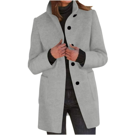 Wyobmus Women's Single Breasted Peacoat Plus Size Jcaket Wool Blend Stand Collar Mid Long Trench Coat Gray