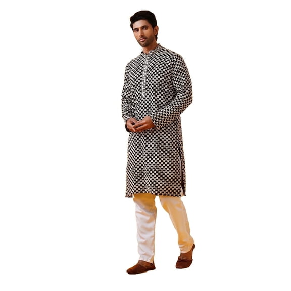 Sojanya (Since 1958) Men'S Cotton Rayon Sequinned Embroidered Black Kurta With White Pyjama