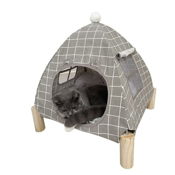 Nockovi 2-in-1 Cat Tent Wooden Frame Cat Bed Cat Hammock, Quick Assembly and Disassembly, Portable Indoor/Outdoor Pet Tent House for Cats, Puppies and Other Small Animals-Grey Check