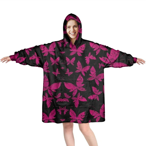 Black Pink Butterfly Pattern Wearable Oversized Blanket,Wearable Blanket Hoodie for Adults,Cozy Hooded Blankets with Super Pockets,Super Warm Fuzzy Pullover for Women & Men