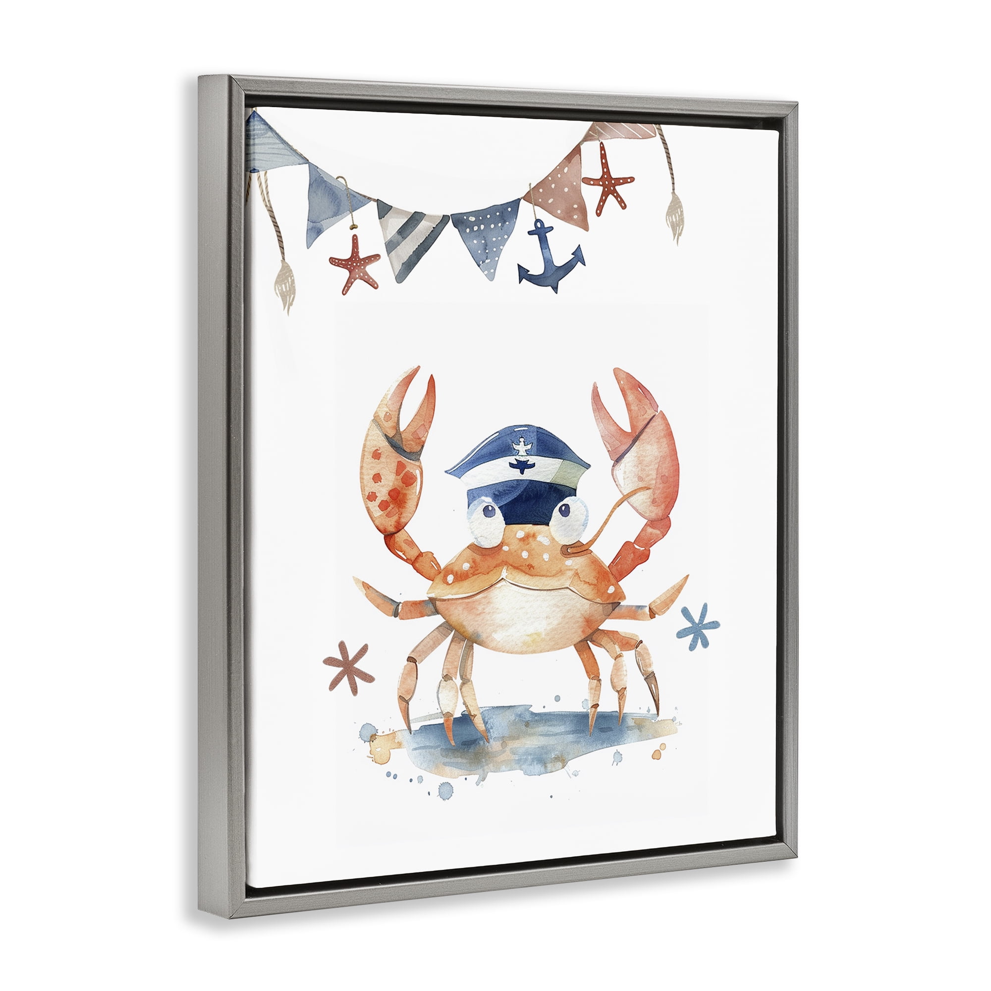 Stupell Industries Crab in Sailor Hat Animals Painting Gray Floater Framed Canvas Art Print Wall Art, 17 x 21