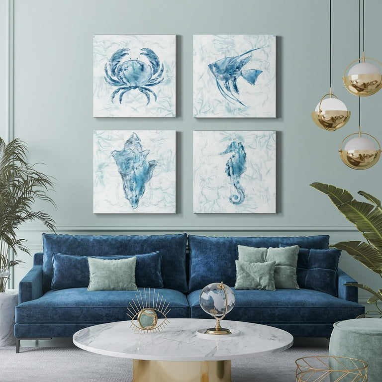 Bathroom Wall Décor Blue Marble Watercolor Seahorse Crab Seashell