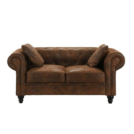 Chesterfield Sofa Dark Brown Large Chesterfield Tufted Faux Suede Loveseat Sofa, Scroll Arm Distressed Couch (Dark Brown) ()