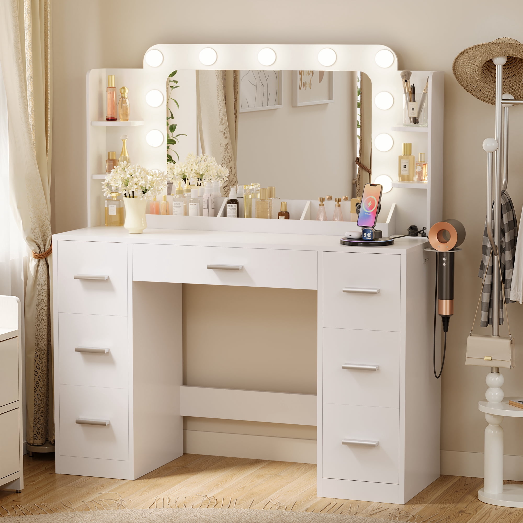 Furmax Vanity Set with Large Mirror & Adjustable Lights, Makeup Vanity Table with 7 Drawers & Open Shelves Vanity Desk for Bedroom, White