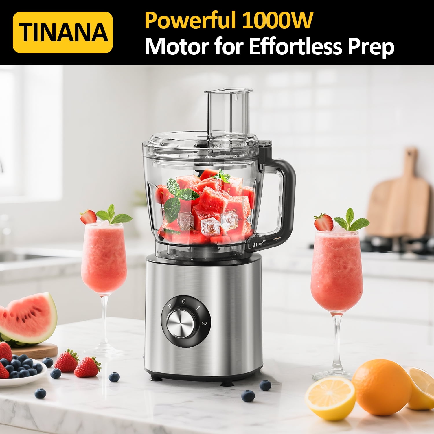 TINANA 6-in-1 Food Processor, 10 Cup 1000W Electric Vegetable Chopper, Multifunctional Slicer, Food Shredder, Dough Mixer, BPA-Free, Dishwasher Safe Kitchen Appliance for Family Cooking and Meal Prep