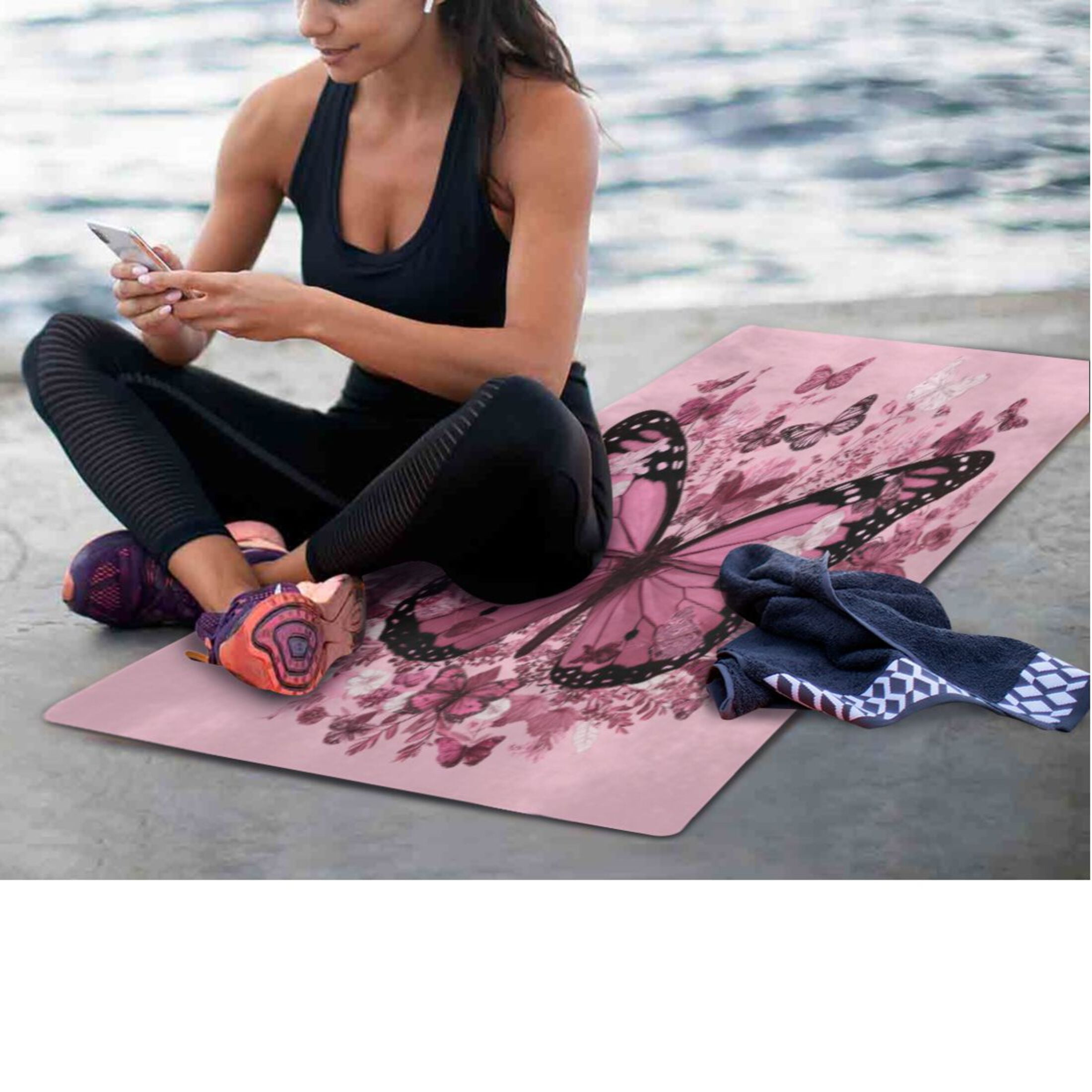 BZSMCE Yoga Mat Women Fitness Mat Pink Butterfly Heart Pattern