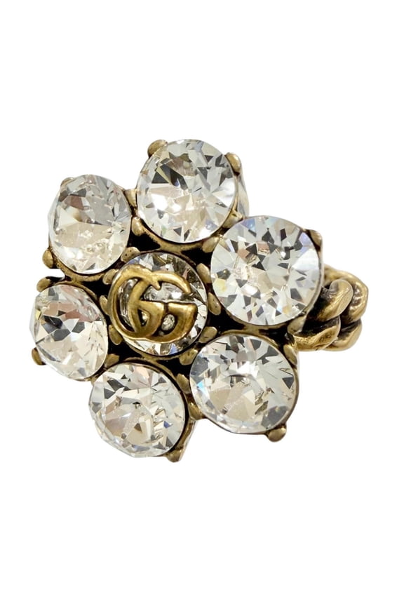 Pre-Owned GUCCI GG Marmont Flower Rhinestone Ring, Gold Tone, Size S, Made in Italy, Women's,...