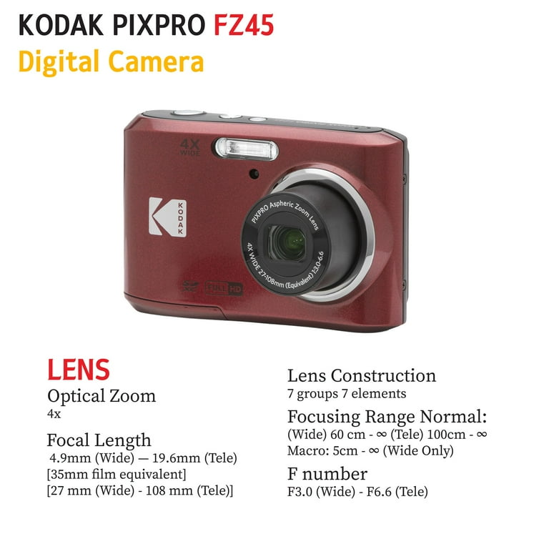 Kodak PIXPRO FZ45 Camera (Red) with 32GB Card, Case, Monopod