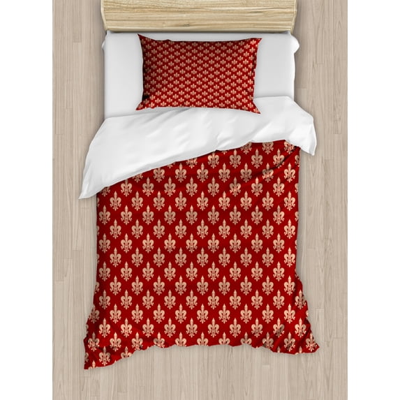 Fleur De Lis Duvet Cover Set Twin Size, French Royalty Coats of Arms Lily Vintage Kingdom Classic Heraldry, Decorative 2 Piece Bedding Set with 1 Pillow Sham, Peach and Vermilion, by Ambesonne