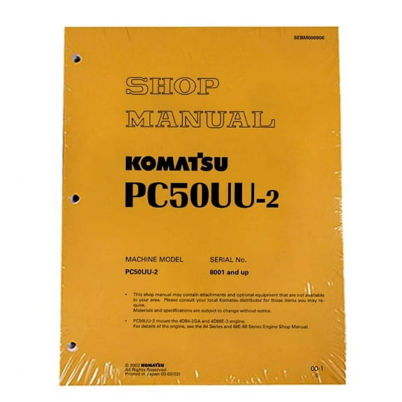Komatsu PC50UU-2 Excavator Workshop Repair  Service Manual - Part Number # SEBM000906