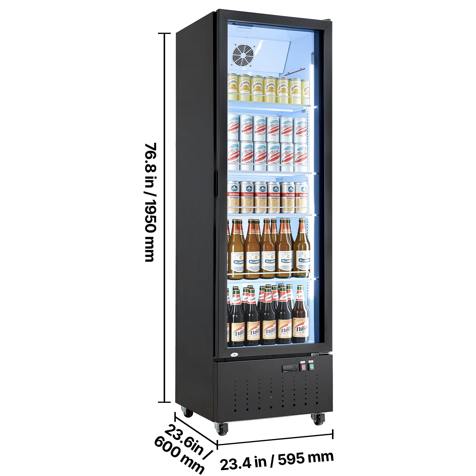 KFFKFF Commercial Glass Door Refrigerator, 12.7 Cu.Ft / 360 L Upright Beverage Cooler with Adjustable Shelves, LED Lighting, and Casters for Home, Shop, or Bar Use
