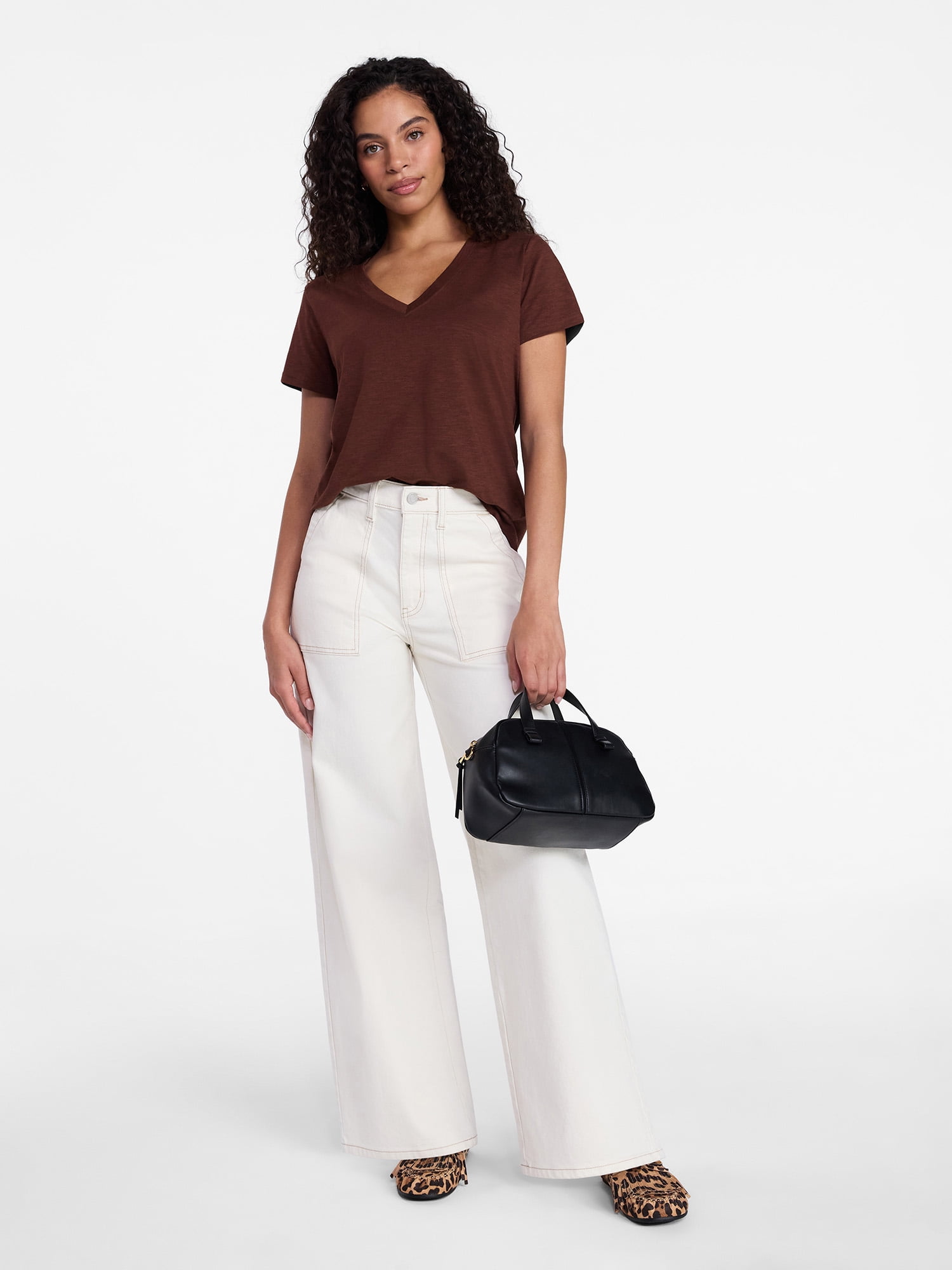 Time and Tru Women's Slub V Neck Tee with Short Sleeves, Sizes XS-XXXL