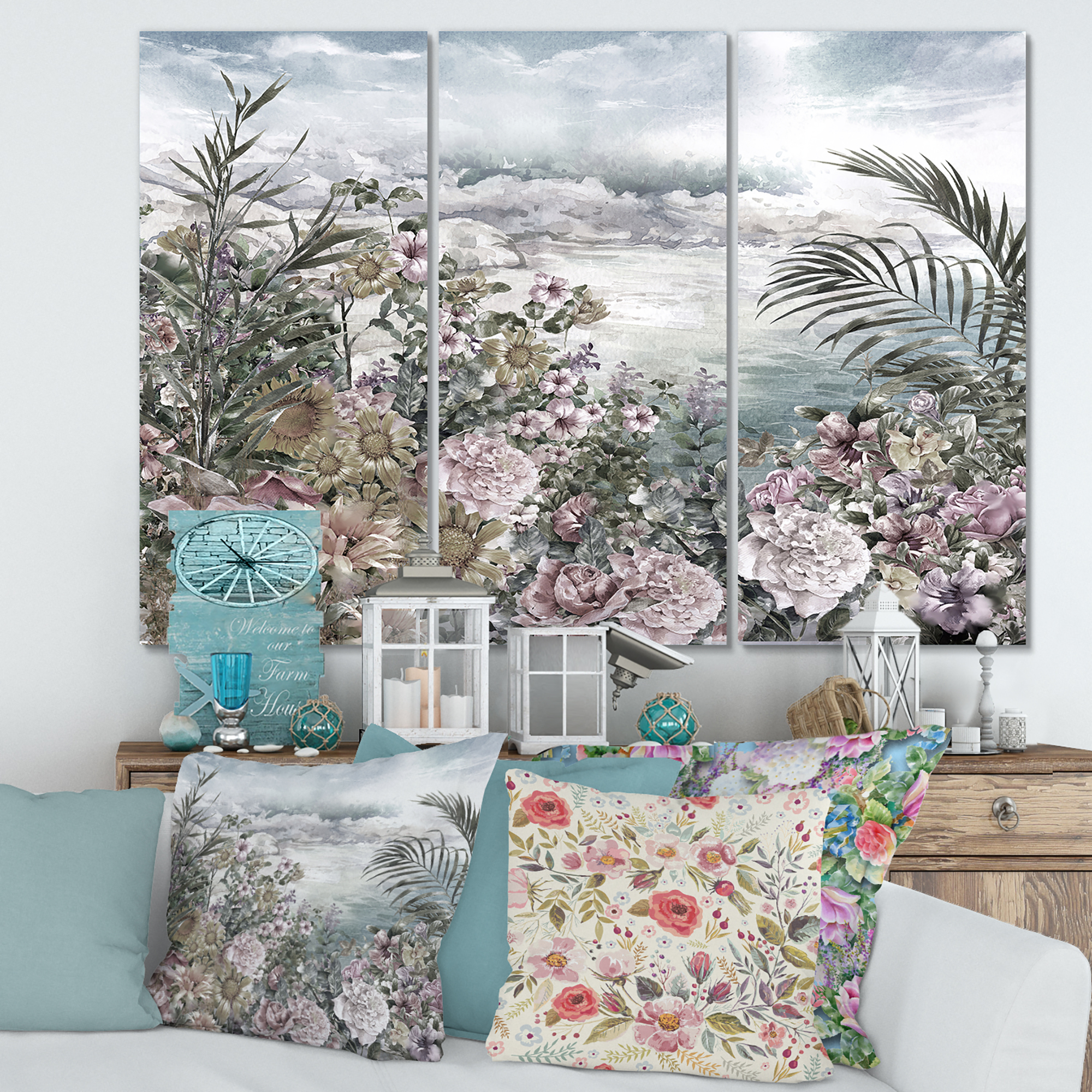 Designart ' Abstract Retro Flowers By The Sea Side ' Vintage Canvas Wall Art Print