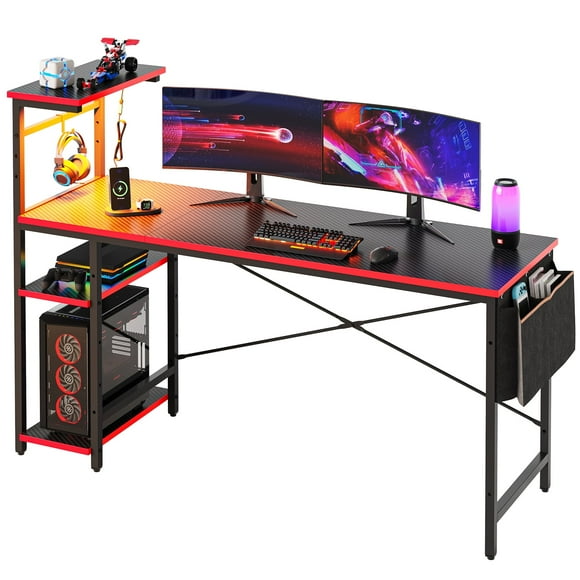 Bestier Reversible 63 inch Gaming Desk Computer Desk with LED Lights 4 Tier Shelves Carbon Fiber