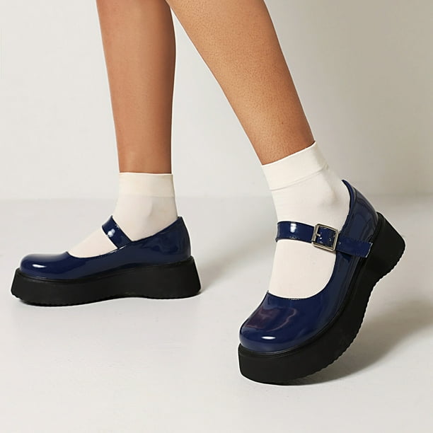 Abcnature Low Heels Shoes Women s Gothic Punk Mid Heel Platform Shallow Round Toe Student Shoes Blue 36