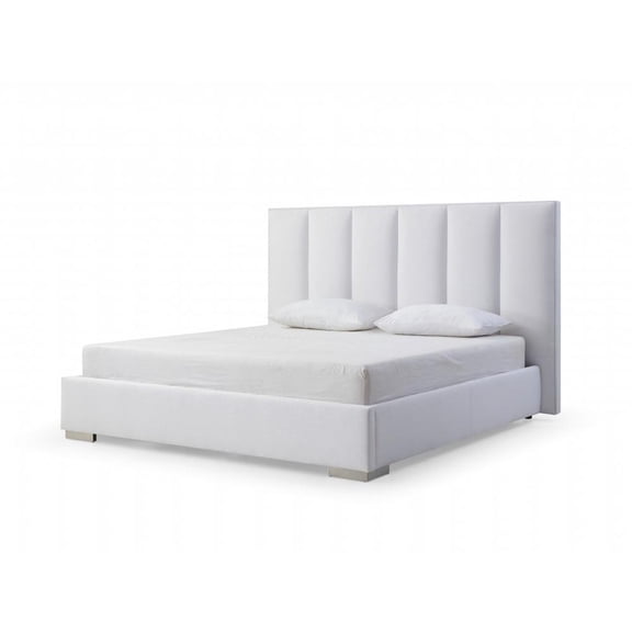 HomeRoots 55 x 72 x 87 in. Queen Size White Upholstered Channel Tufted Velvet Bed Frame
