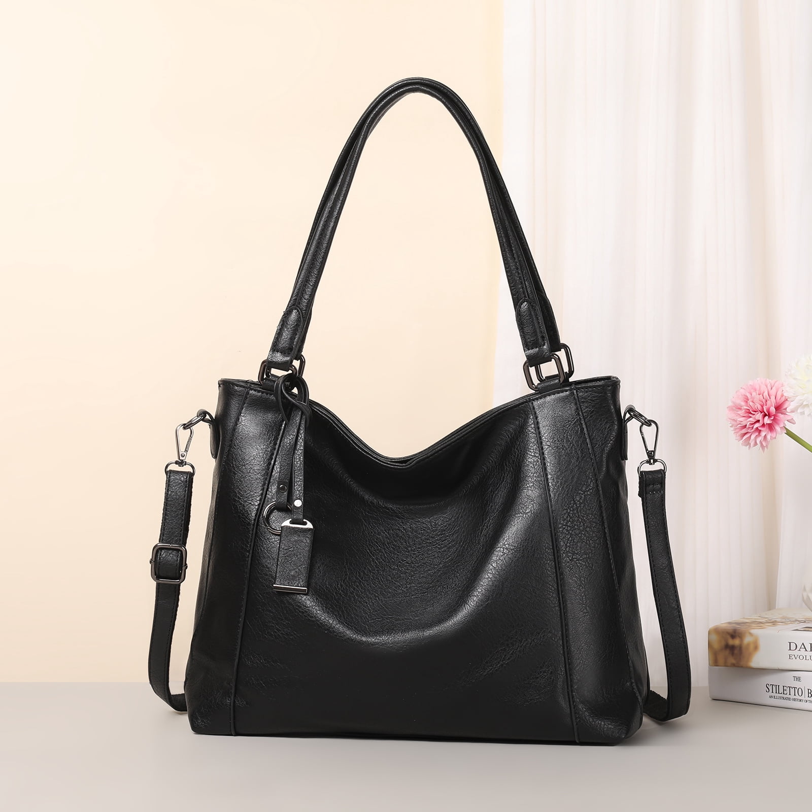 Sendefn Women's Leather Hobo Shoulder Satchel Tote Bag, Black, 2- Piece