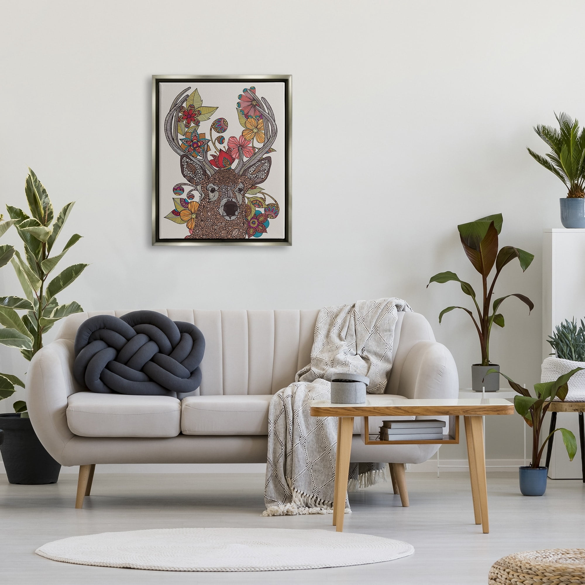 Stupell Industries Buck Deer Portrait Interwoven Flower Mandala Fractals Graphic Art Luster Gray Floating Framed Canvas Print Wall Art, Design by Valentina Harper