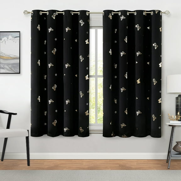 Flowpartex Gold Butterfly Blackout Curtains 2 Panels 54"L×52"W for Nursery Kids Bedroom Black&Metallic Foil Floral Print Grommet Top Window Drapes for Living Room