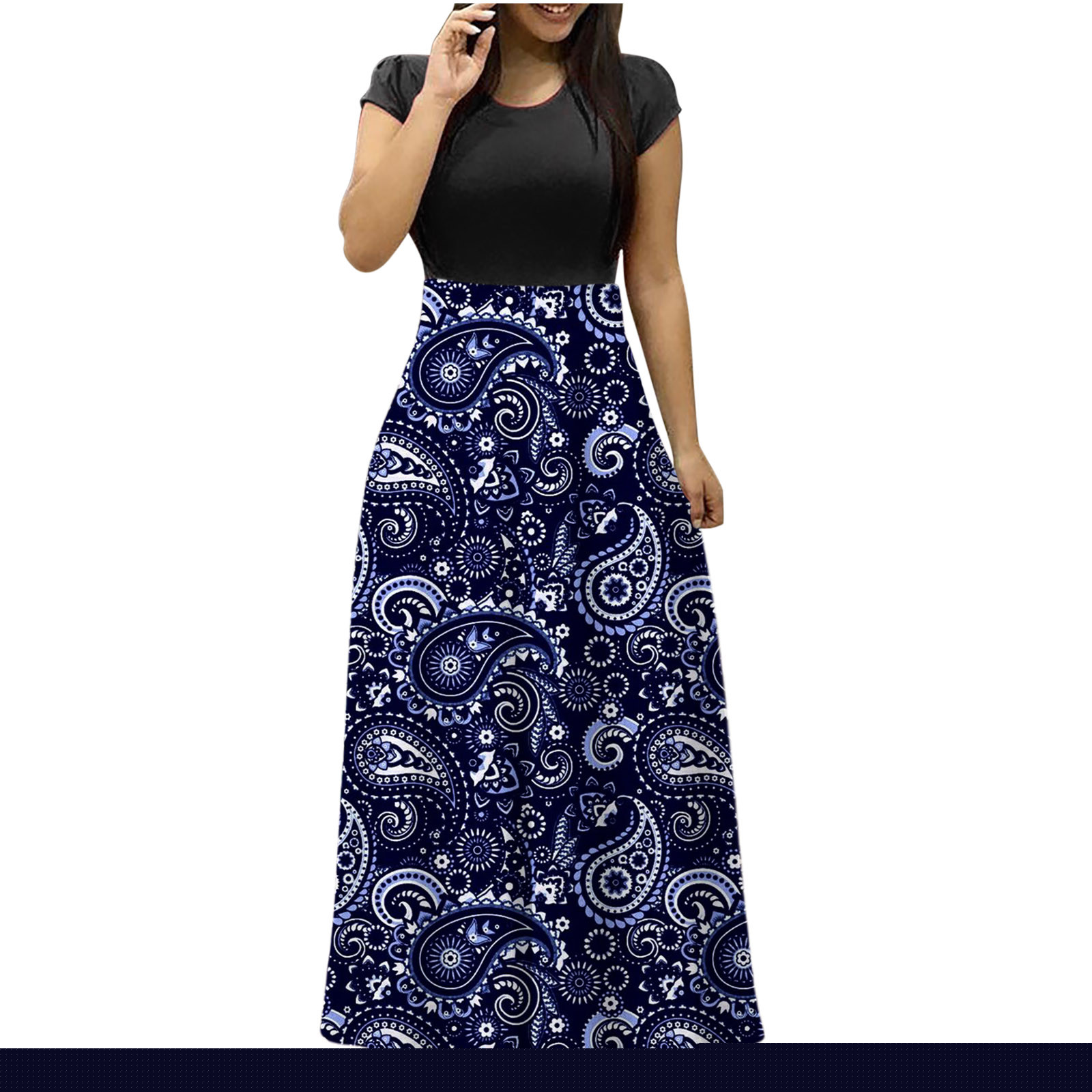 thumbnail image 2 of SMihono Robe d'Été pour Femmes Grande Taille Mode Femmes Été Imprimé Décontracté Col Rond Manches Courtes Longue Robe, 2 of 4