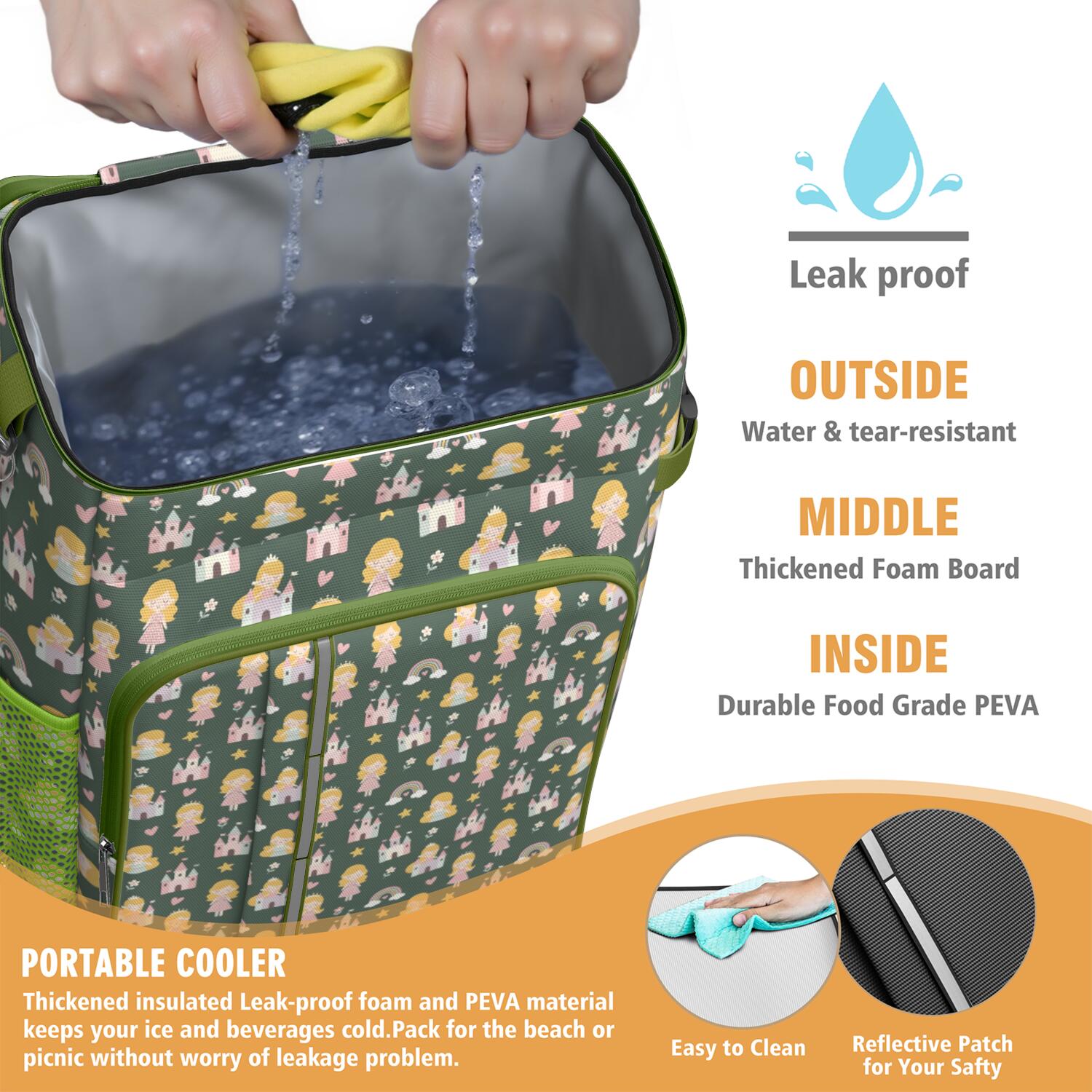 Travel Cooler Bag - Dark Green Princess Castle Pattern Camping Beer Cooler Backpack with Bottle Opener- Waterproof Insulated Picnic Backpacks - Cooler Bag for Beach