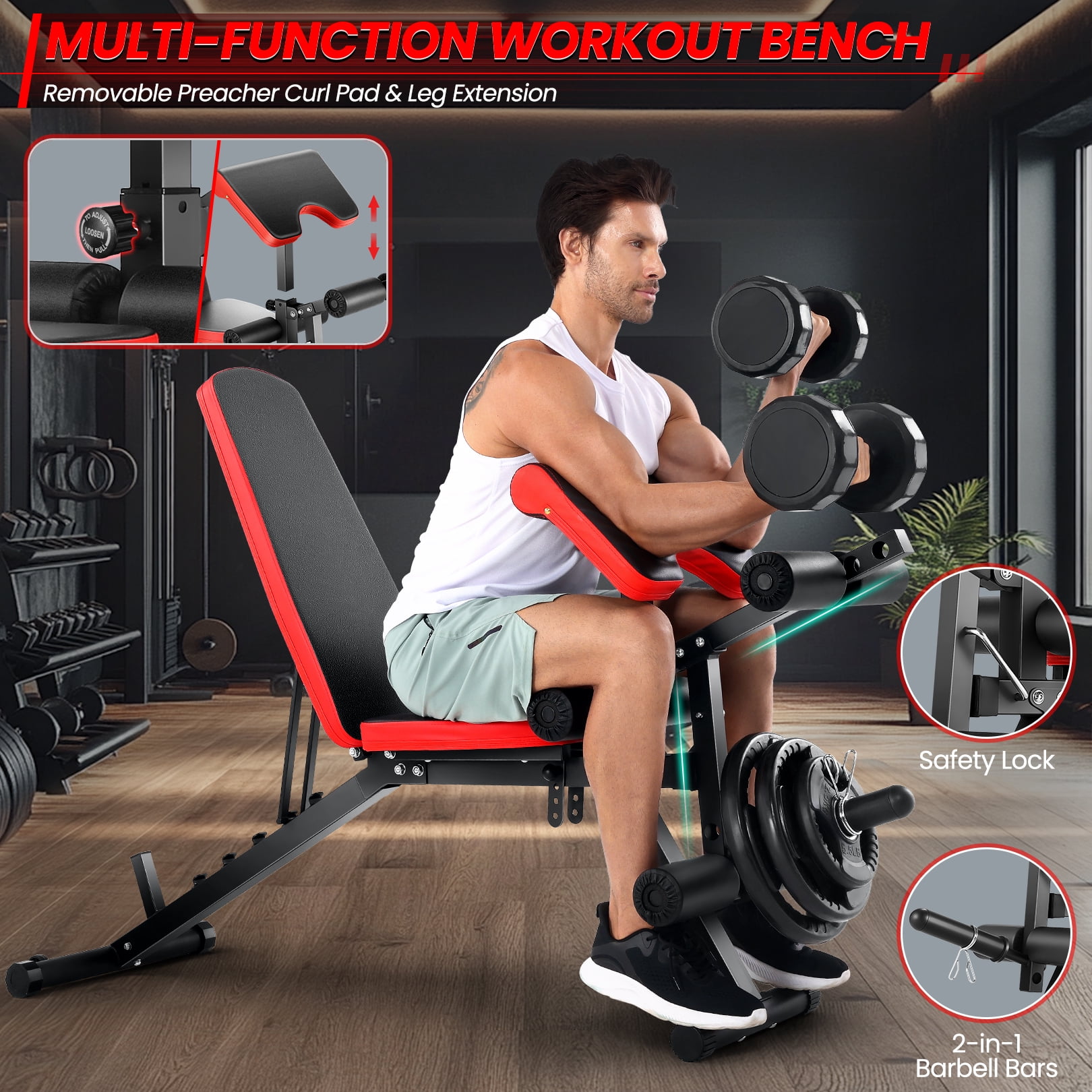 VIBESPARK Adjustable Weight Bench with Leg Extension and Leg Curl, 800LBS Workout Bench Press with Preacher Pad & Wheels, Olympic Weight Bench Set for Home Gym Full Body Exercise Fitness