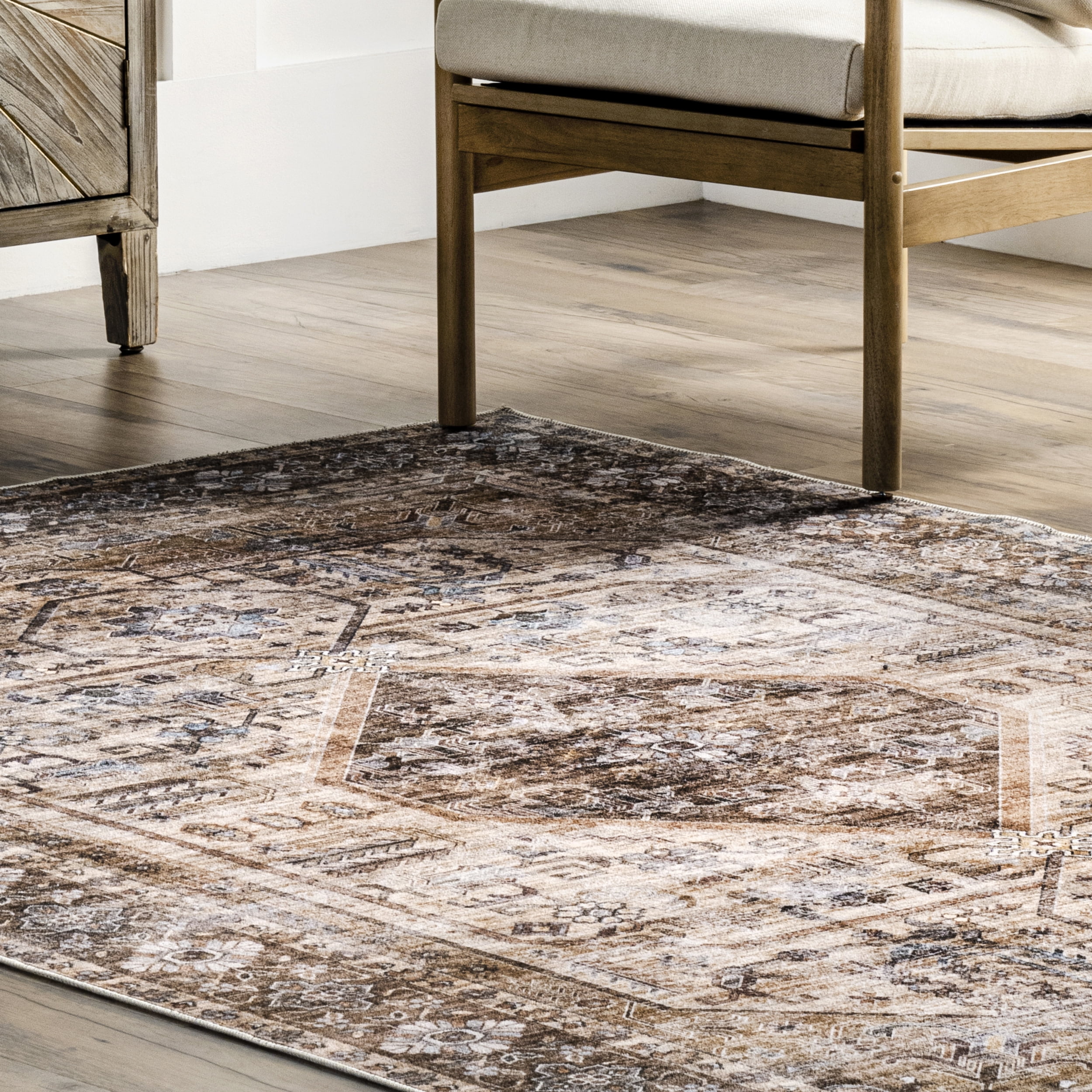 nuLOOM Devin Machine Washable Vintage Medallion Area Rug, 8' x 10', Light Brown