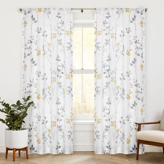 Cortinas Beauoop de lino semitransparente con estampado floral, 214 cm, amarillo y gris