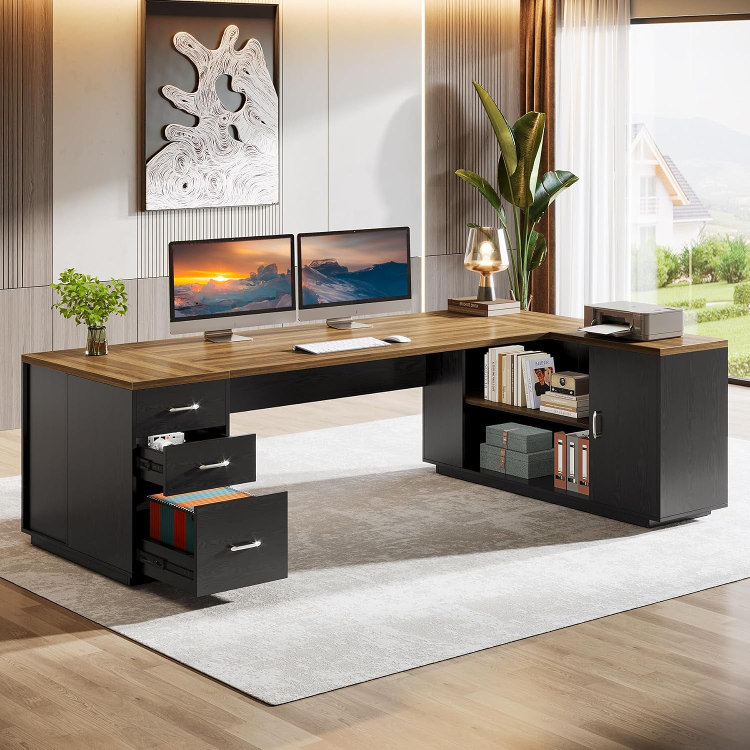 Tribesigns 85.8-Inch L-Shaped Executive Office Desk with File Drawers & Storage Cabinet