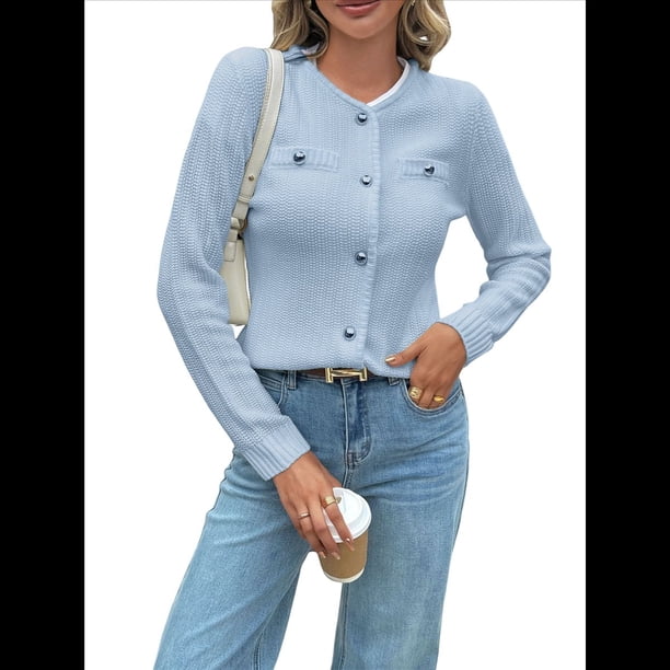 Suéteres Tipo Cárdigan de Punto para Mujer, de Principios de Otoño, de Larga, con Abertura Frontal y Botones, Chaqueta Corta Informal de Moda. Azul L