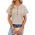 thumbnail image 3 of Women Summer Tops Waffle Knit Short Sleeve Drawstring Hoodies Button V Neck Casual Blouses Shirts Color XL, 3 of 9