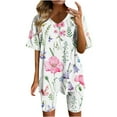 thumbnail image 2 of Ensembles d'Entraînement pour Femmes 2 Pcs Mode Féminine Blouse Col en V Manches Courtes Hauts Shorts Ensemble Décontracté Ensembles de Détente d'Été pour Femmes en Liquidation, 2 of 4