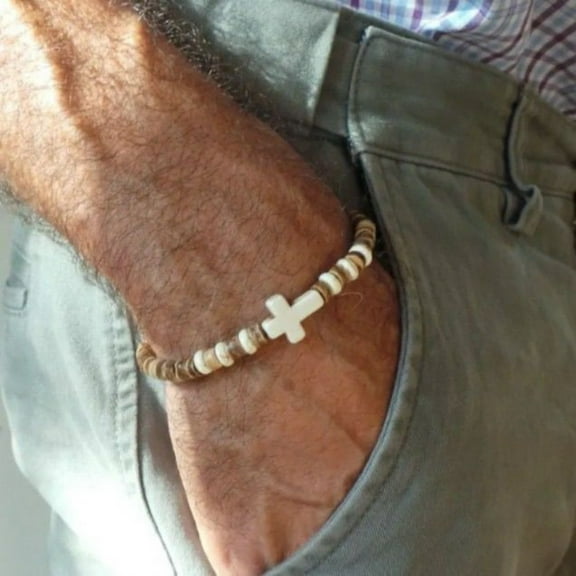 Handmade Wooden Beaded Stretch Bracelet with Cross Pendant Religious Jewelry for Men Women Christian Faith Accessory