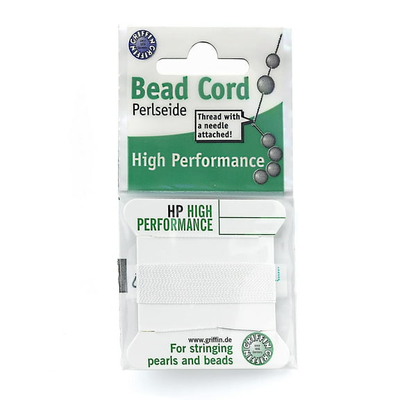 Griffin High Performance Bead Cord Perlseide – White Color – Size 1 (0.35mm) – 2 meters per card – Stainless Steel Needle Attached – For Knotting Pearls, Gemstones, Crystals and Beads
