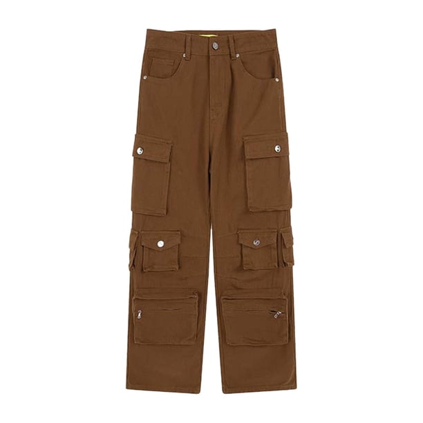 Pantalones cargo, pantalones de trabajo, vaqueros de moda, rectos, de pierna ancha y cintura alta. Marrón