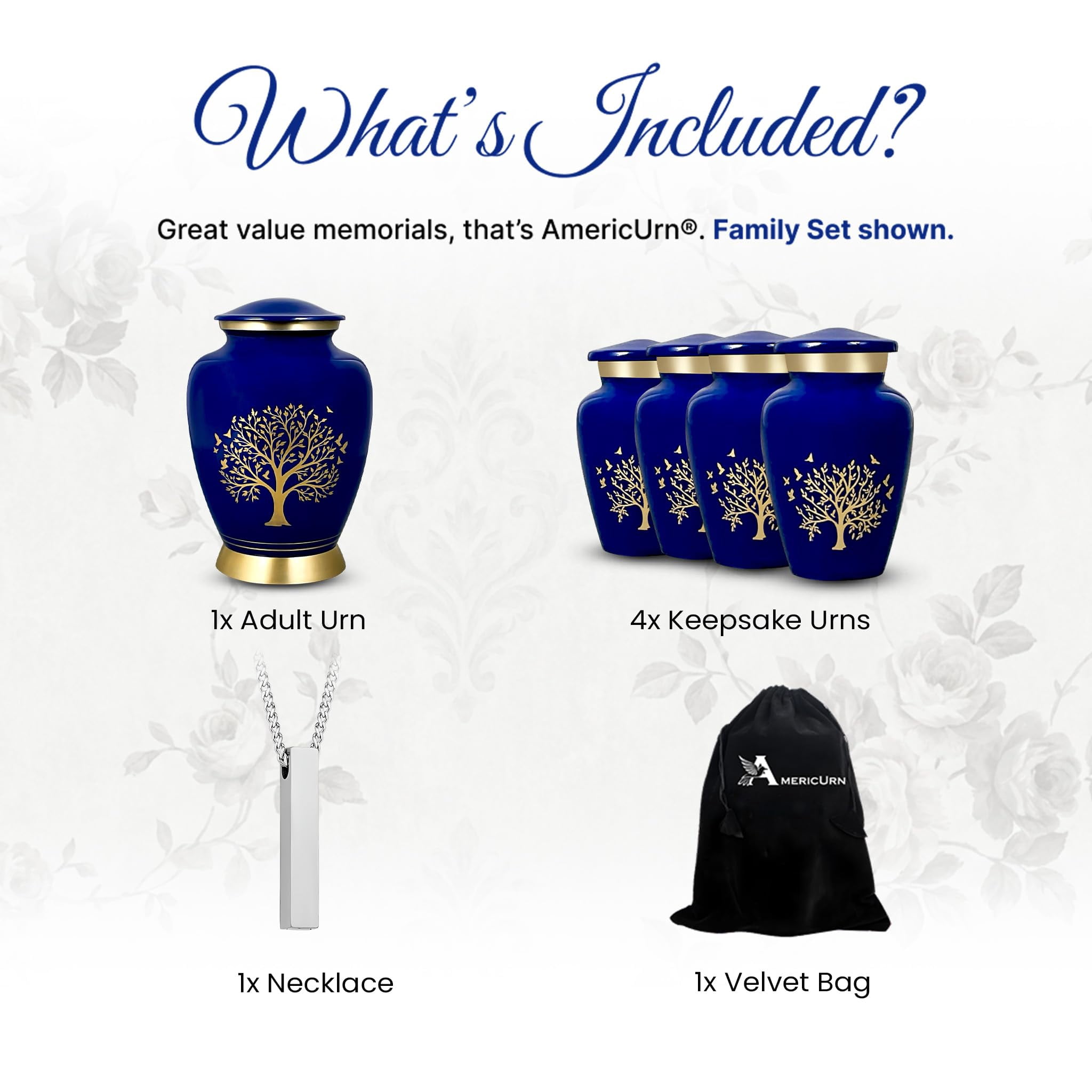 AmericUrn Blue Tree of Life Cremation Urns for Human Ashes – Adult Female and Male Memorial Set of 6 with 1 Large Urn, 4 Keepsake Urns & 1 Necklace Urn