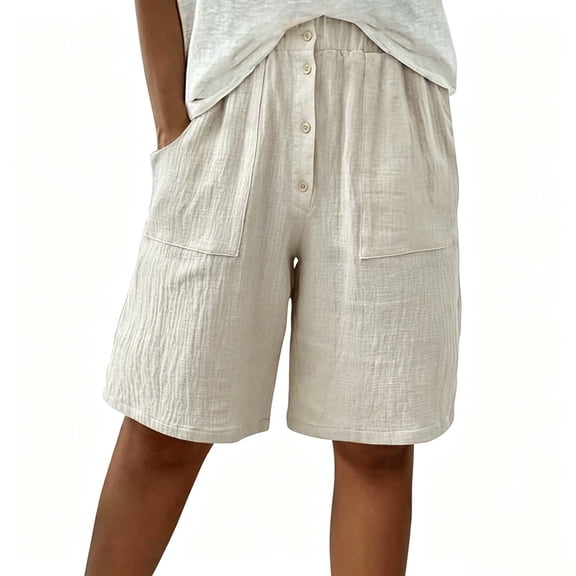 Sheghy Womens Shorts 100%Cotton Women's Elastic Waist Shorts Button Front Casual Loose Solid Knee Length Shorts with Pockets