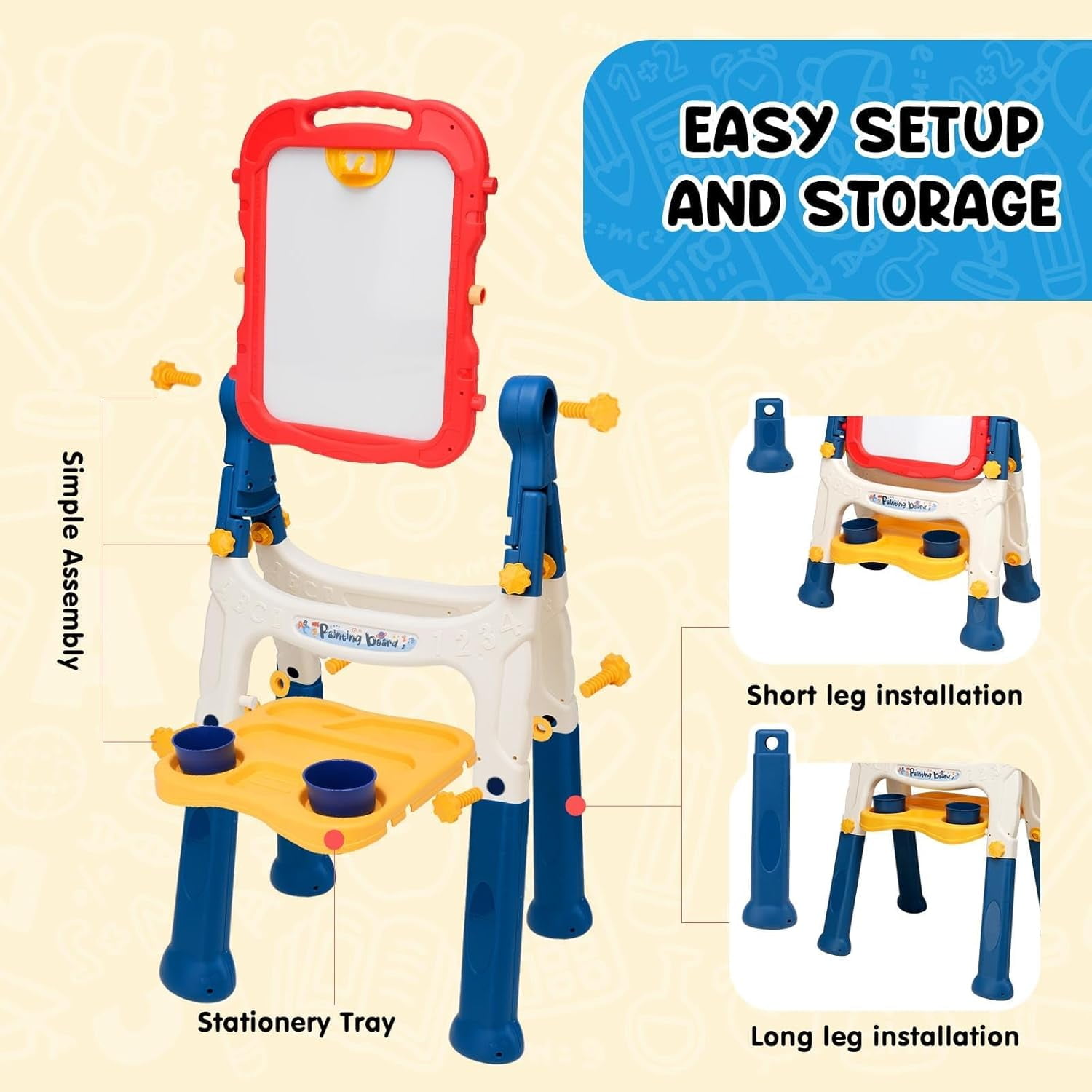 AuntyFey Art Easel for Kids, Adjustable Double-Sided with Chalk Board & Magnetic Whiteboard for Toddlers, Blue & Red