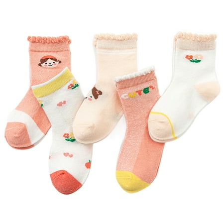 

rygai 5 Pairs Breathable Mesh Wear-resistant Thin Baby Socks Cartoon Print Mid-Tube Girls Ankle Socks for Indoor Light Orange
