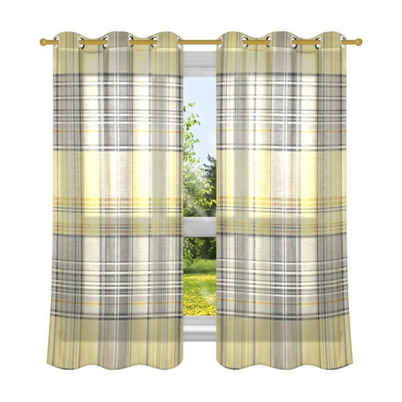 2 Panels Set Blackout Curtains Thermal Insulated Sun Protection Room Darkening Drapes for Bedroom Light Yellow and Grey Tartan