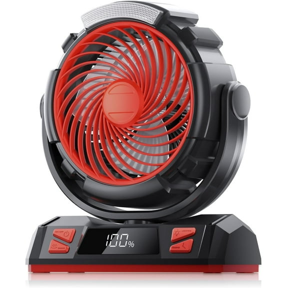 20000mAh Rechargeable Battery Powered Outdoor Tent Fan with Light and Hook, 6 Speed, Personal USB Desk Fan for Camping, Fishing, Power Outage,Blue and black