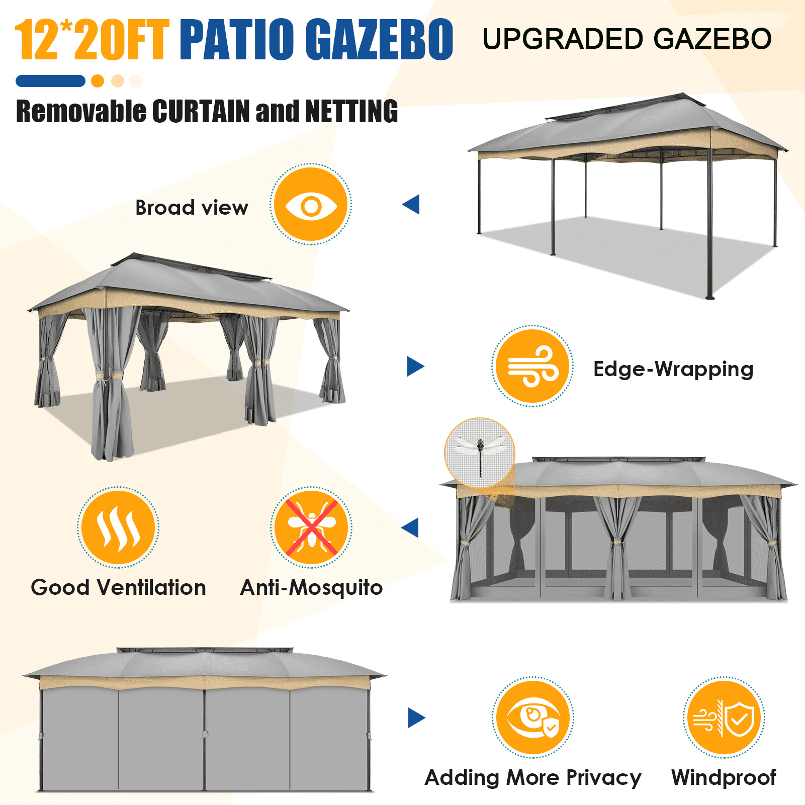 COBIZI 12X20 Heavy Duty Gazebo Outdoor Gazebo with Mosquito Netting and Curtains, Canopy Tent Deck Gazebo with Double-Arc Roof Ventiation and Metal Steel Frame Suitable for Lawn, Backyard, Patio,Gray