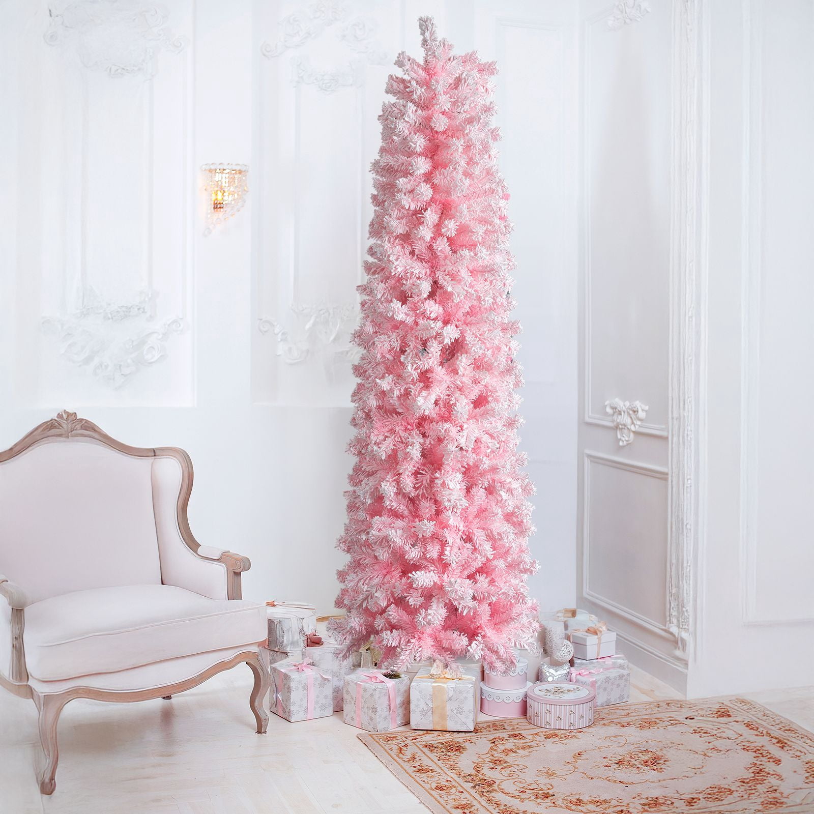 7.5 FT Snow Flocked Hinged Christmas Tree, Artificial Pencil Christmas Tree, Unlit Artificial Christmas Pine Tree with 641 Branch Tips and Sturdy Stand, Pink