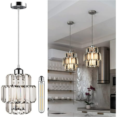 

Mini Crystal Pendant Lights Chrome Finish (LED Bulb Included) Hanging Lighting Fixture with Adjustable Cord Chrome Pendant Lighting for Kitchen Island Living Room Bedroom Farmhouse