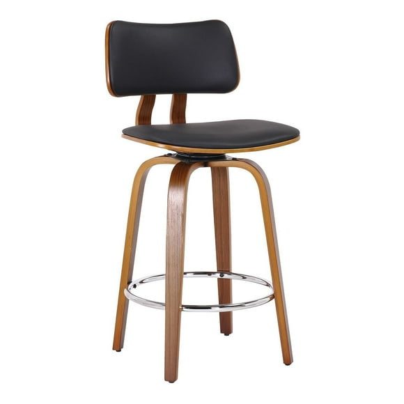 Tabouret de Comptoir, 26 po, avec Siège Pivotant Milieu du Siècle en Similicuir et Bois - Noir et Noyer