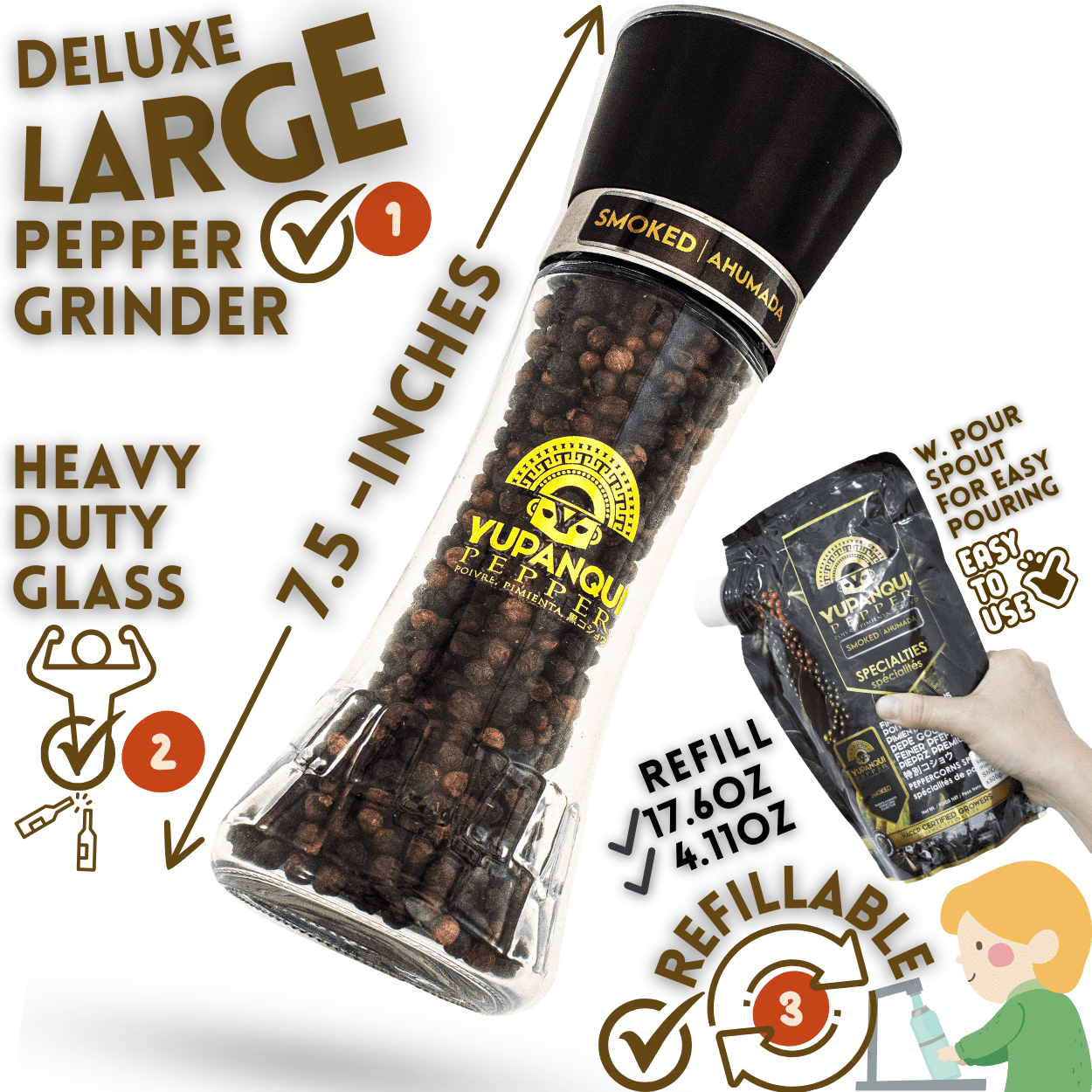 Yupanqui Smoked Pepper Grinder for Cooking BBQ 3.5oz, Pure Natural Flavor SMOKED PEPPERCORNS Organic